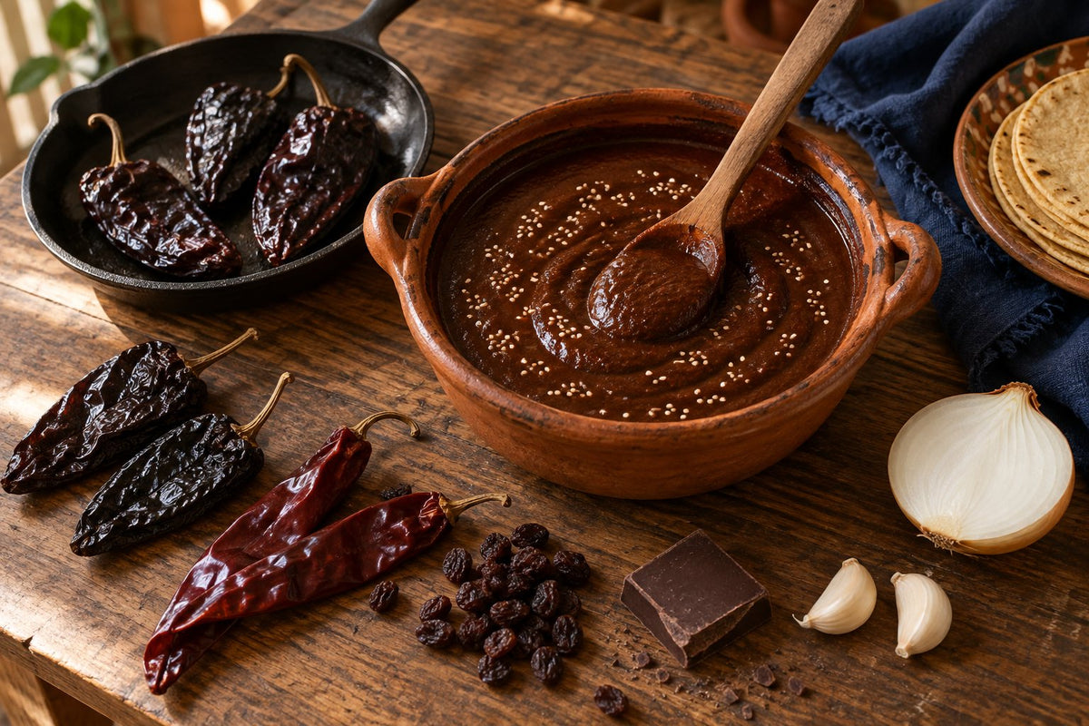 A terracotta pot of dark mole sauce with a wooden spoon, ancho chiles toasting in a cast-iron pan, guajillo chiles, raisins, dark chocolate, onion and garlic on a wooden table