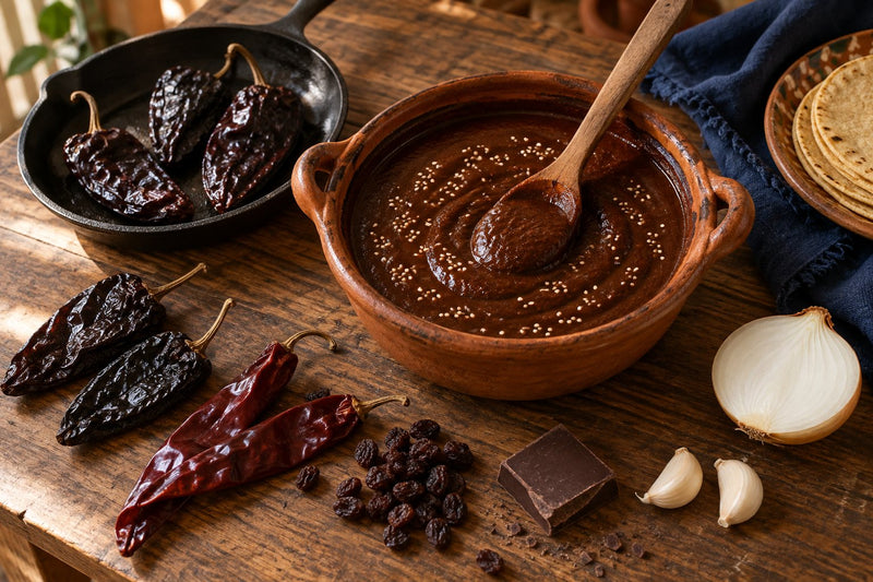 A terracotta pot of dark mole sauce with a wooden spoon, ancho chiles toasting in a cast-iron pan, guajillo chiles, raisins, dark chocolate, onion and garlic on a wooden table