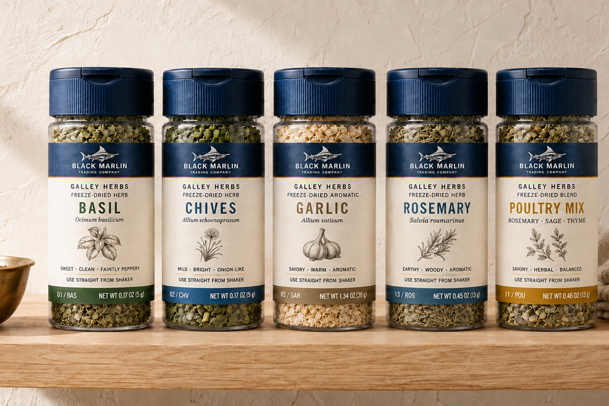 Freeze-dried herbs in and around a brass bowl