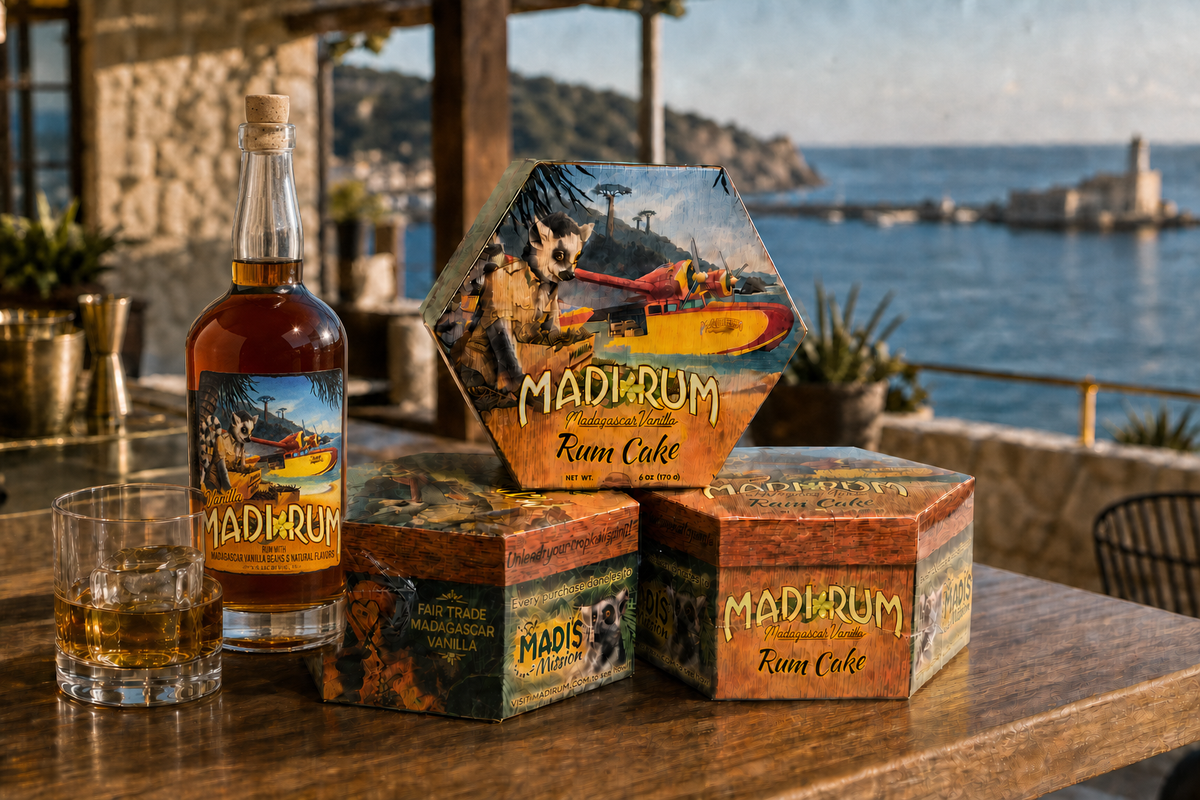 Madi Rum Madagascar Vanilla Rum Cake boxes and a bottle of Madi Rum on a table overlooking the water