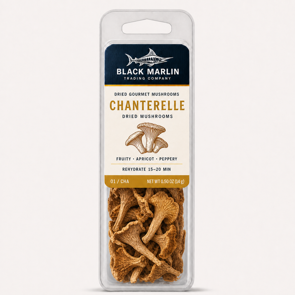 Chanterelle dried mushrooms in a clear Black Marlin Trading Company clamshell pack, net weight 0.50 oz (14 g)