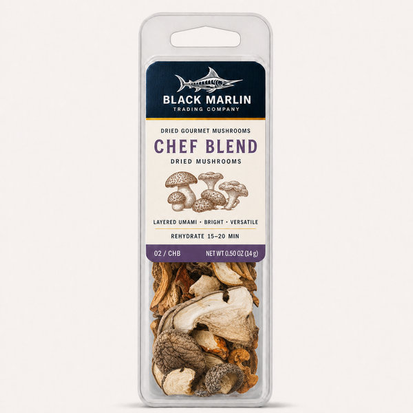 Chef Blend dried mushrooms in a clear Black Marlin Trading Company clamshell pack, net weight 0.50 oz (14 g)