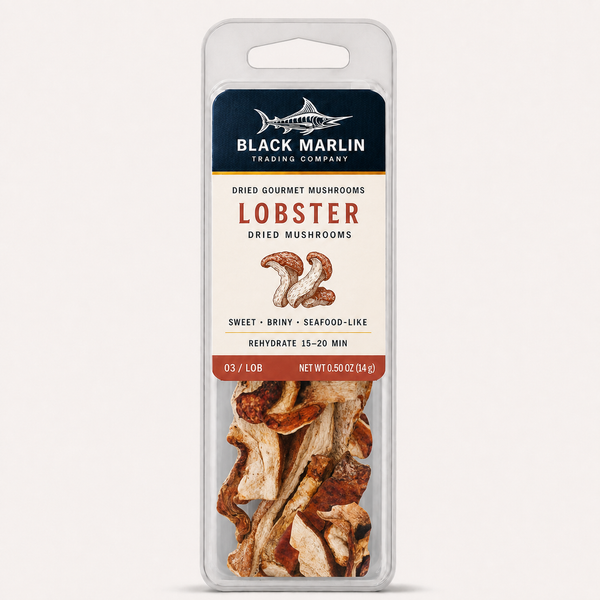 Lobster dried mushrooms in a clear Black Marlin Trading Company clamshell pack, net weight 0.50 oz (14 g)