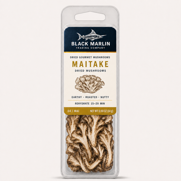 Maitake dried mushrooms in a clear Black Marlin Trading Company clamshell pack, net weight 0.50 oz (14 g)
