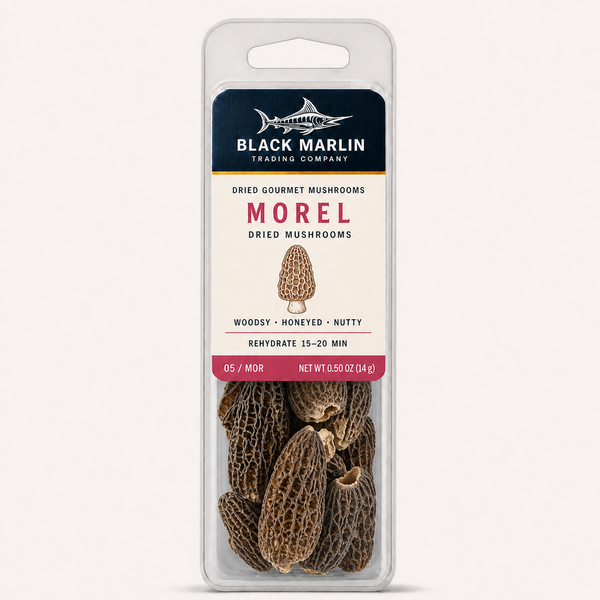 Morel dried mushrooms in a clear Black Marlin Trading Company clamshell pack, net weight 0.50 oz (14 g)