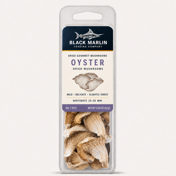 Oyster dried mushrooms in a clear Black Marlin Trading Company clamshell pack, net weight 0.50 oz (14 g)