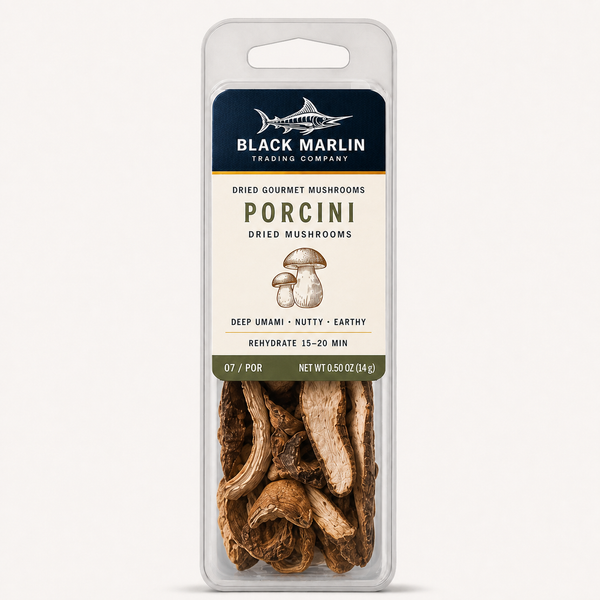 Porcini dried mushrooms in a clear Black Marlin Trading Company clamshell pack, net weight 0.50 oz (14 g)