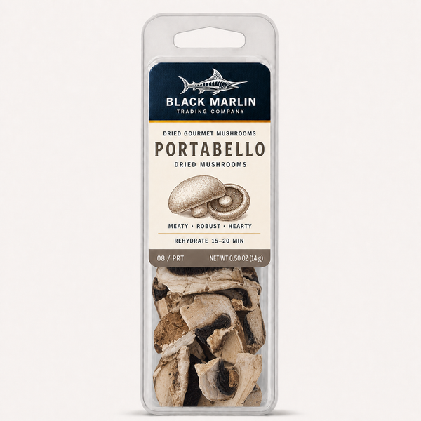 Portabello dried mushrooms in a clear Black Marlin Trading Company clamshell pack, net weight 0.50 oz (14 g)