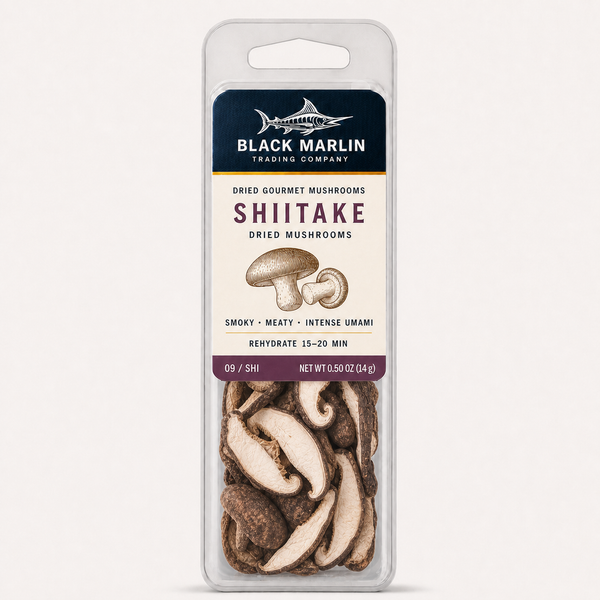 Shiitake dried mushrooms in a clear Black Marlin Trading Company clamshell pack, net weight 0.50 oz (14 g)