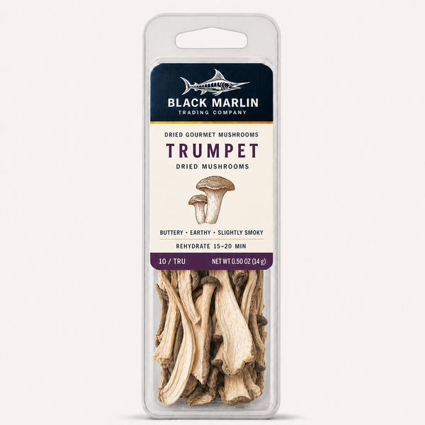 Trumpet dried mushrooms in a clear Black Marlin Trading Company clamshell pack, net weight 0.50 oz (14 g)
