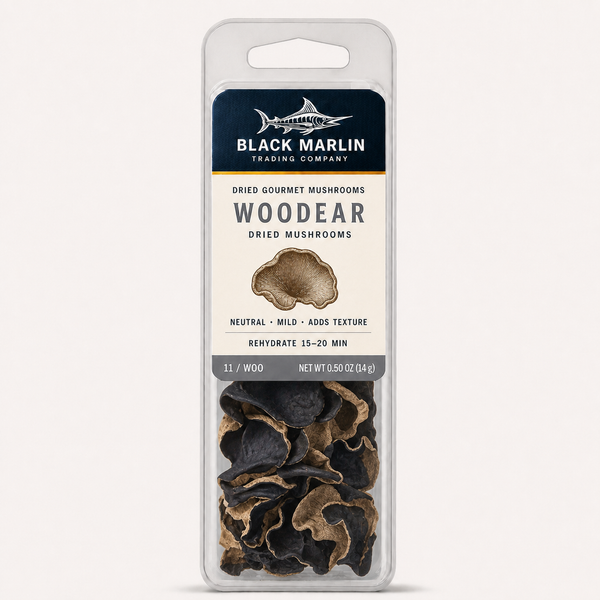 Woodear dried mushrooms in a clear Black Marlin Trading Company clamshell pack, net weight 0.50 oz (14 g)
