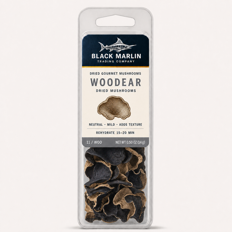 Woodear dried mushrooms in a clear Black Marlin Trading Company clamshell pack, net weight 0.50 oz (14 g)