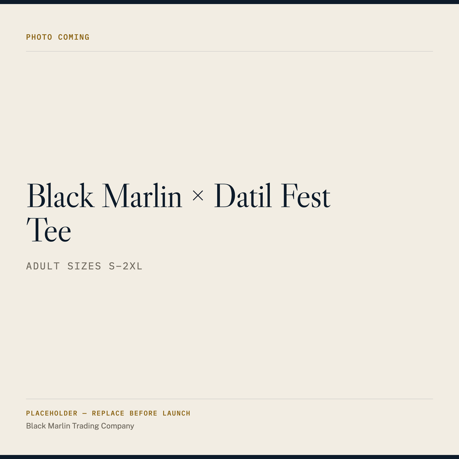 Black Marlin × Datil Fest Tee, adult sizes S to 2XL. Placeholder card; product photo coming