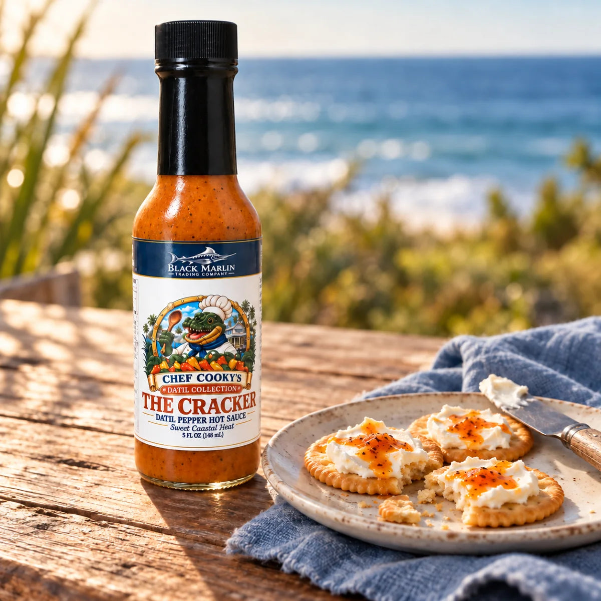 The Cracker hot sauce beside crackers on a waterfront table