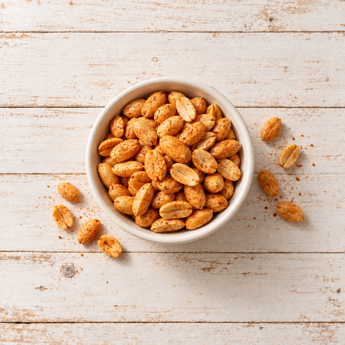 Roasted peanuts dusted with orange datil seasoning in a small ceramic bowl on white-washed wood