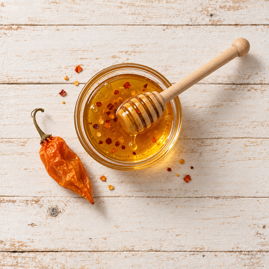 Datil honey in a small glass dish with a wooden dipper and chile flakes, beside a whole dried orange datil pepper on white-washed wood