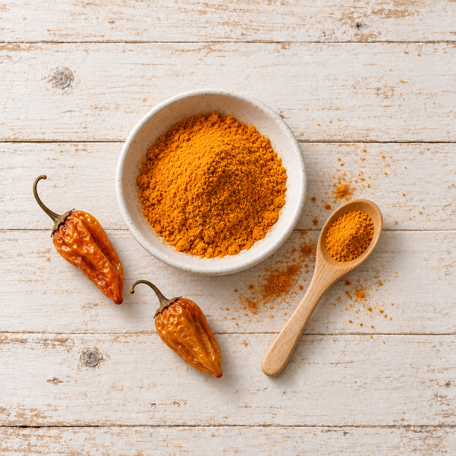 Ground datil pepper in a small ceramic dish with a wooden spoon of powder and two whole dried orange datil peppers on white-washed wood