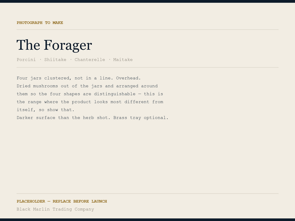 The Forager — placeholder. Photograph to make: Four jars clustered, not in a line. Overhead.
