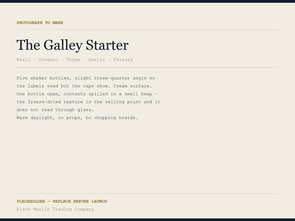 The Galley Starter — placeholder. Photograph to make: Five shaker bottles, slight three-quarter angle so